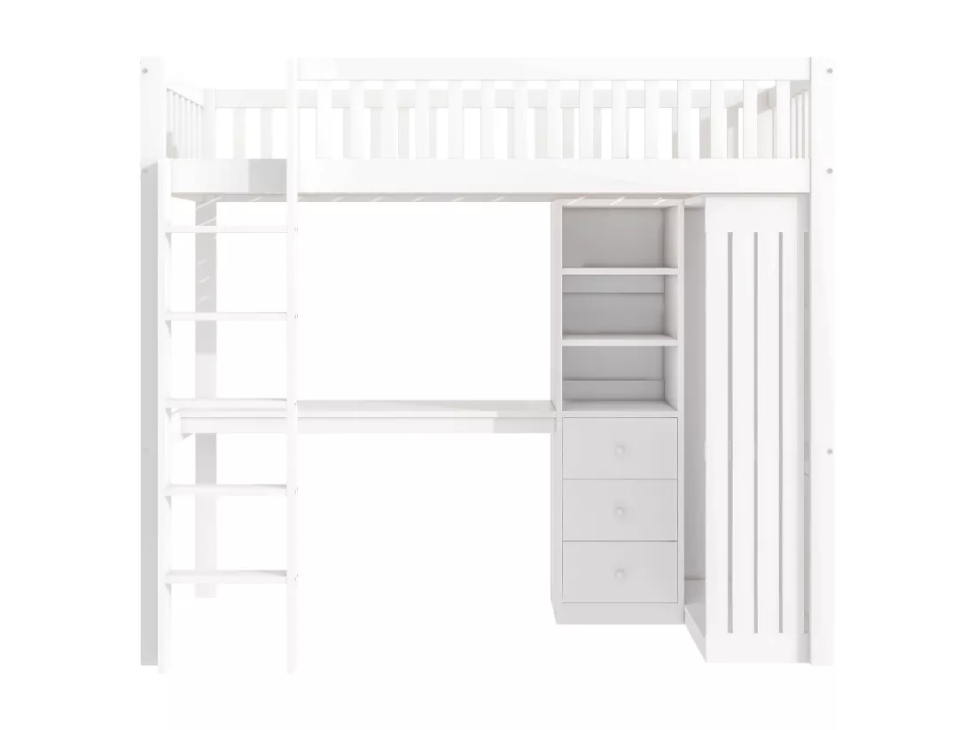 Lit mezzanine 90x200 cm en bois - avec bureau & penderie - Blanc