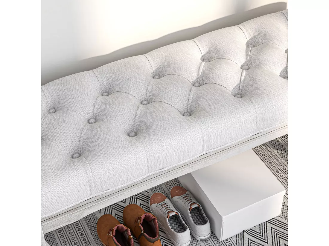Banc banquette capitonnée style classique 110 cm bout de lit rembourré en lin piètement Bois hévéa sculpté blanc crème