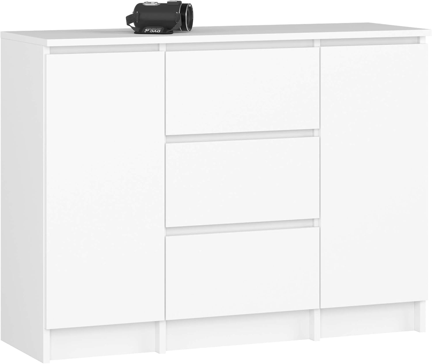 AKORD Kommode K100 mit 3 Schubladen, Schrank mit 2 Tür 4 Regalböden, Für das Wohnzimmer Schlafzimmer, Moderne, 16mm Laminierte Platte, B101xH76xT35 cm, Farbe Weiß &