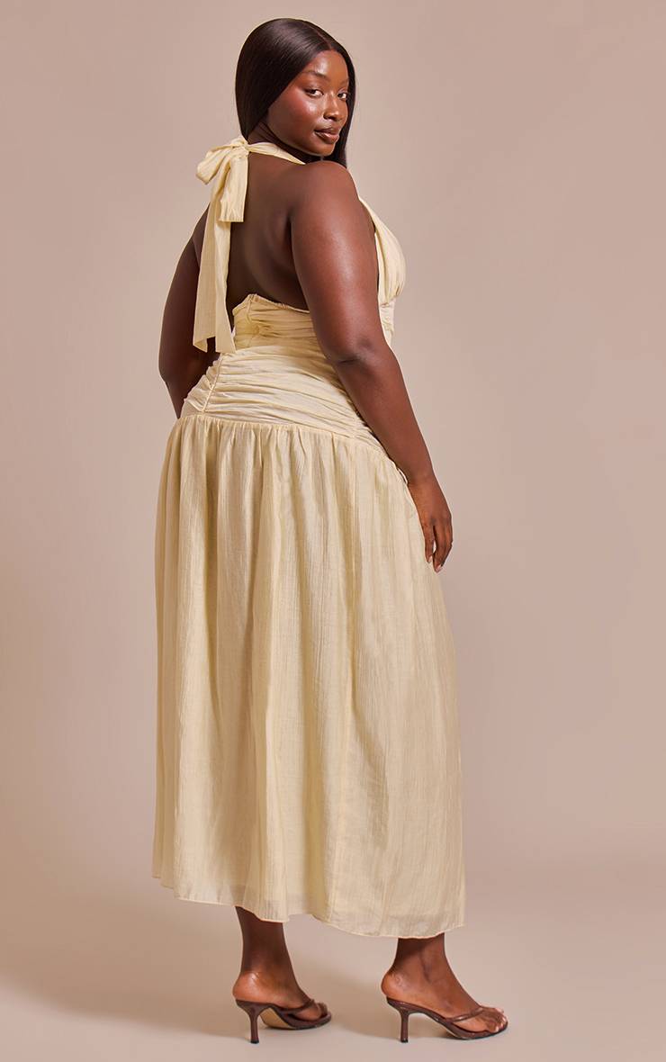 Pale Lime Robe Maxi Grande Taille À Col Licou En Tissu Froissé Texturé
