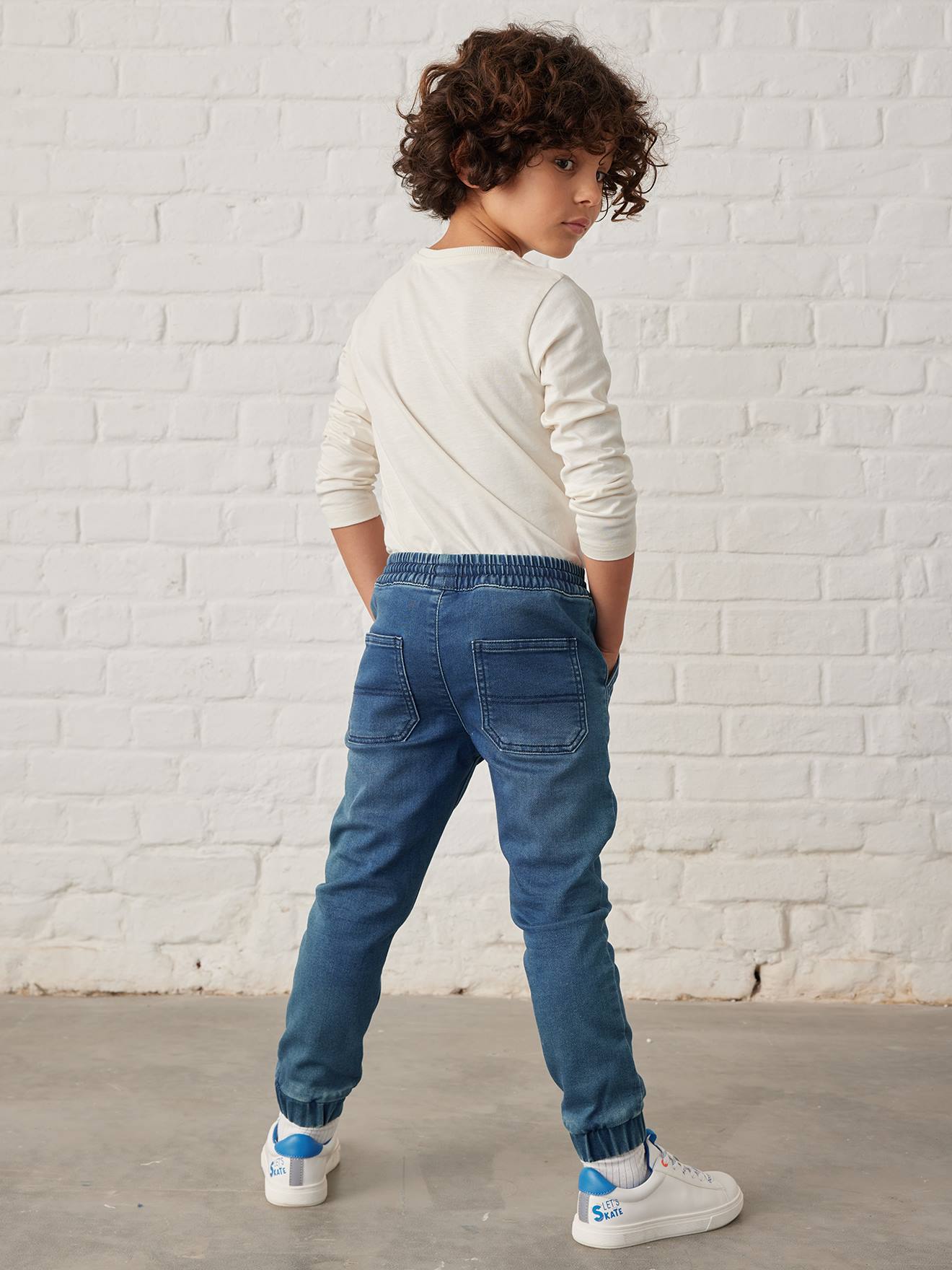 Calças de moletom azul-escuro com efeito fleece, fáceis de vestir, para meninos, com efeito jeans.
