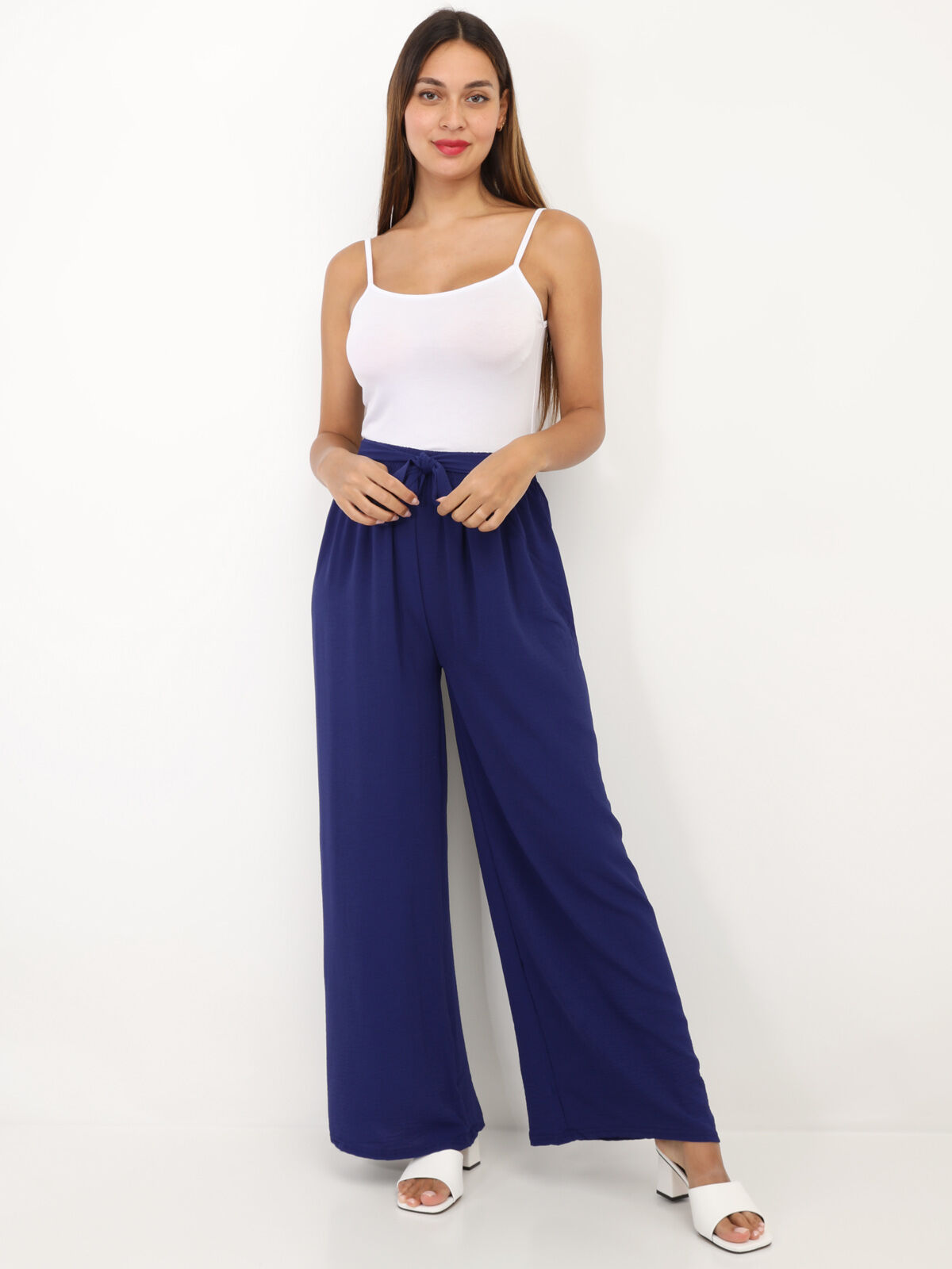Pantalon ample ceinturé- Bleu