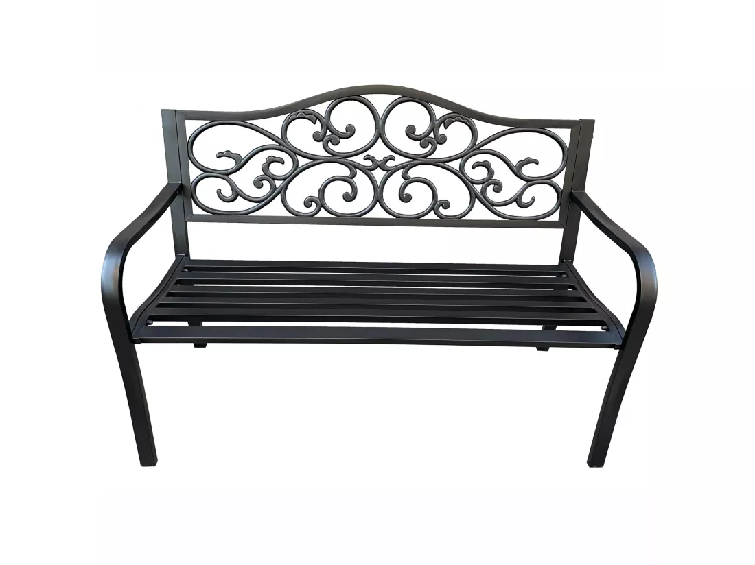 Banc de jardin noir IRGA avec pieds en acier et dossier en fonte, largeur 127 cm