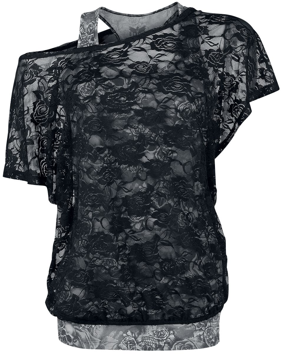 Haut Gris Avec T-Shirt En Dentelle Noire | Black Premium by EMP T-Shirt Manches courtes