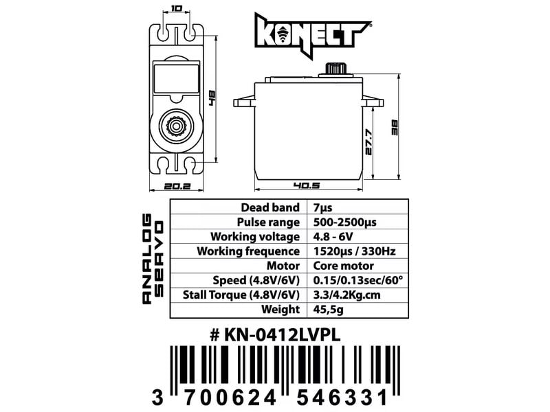 Konect Standard Servo 0412LVPL 4.2 kg, 0.13 s, Digital Digitales Standard-Servo mit Kunststoffgetriebe