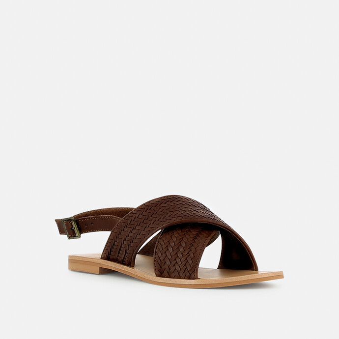 Sandales plates à larges brides  en cuir marron
