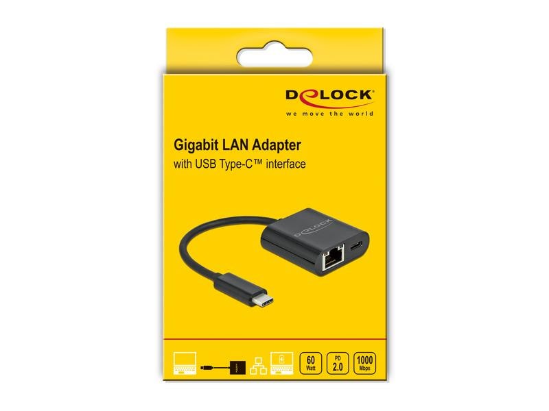 Delock Netzwerk-Adapter Typ-C – RJ-45, 1Gbps mit Powerdeliv USB Type-C Adapter zu Gigabit LAN 10/100/1000 Mbps mit Power Delivery Anschluss Schwarz