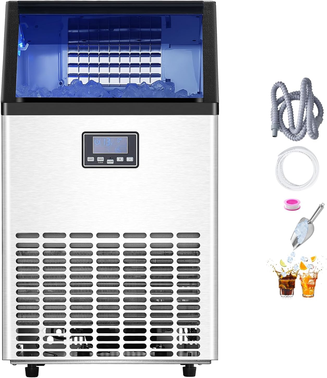 VEVOR kommerzielle Eismaschine (45,36 kg/Tag) Eisbereiter mit 14,97 kg Speicherkapazität, 45 Eiswürfel in 15 Minuten, LED-Digitalanzeige, freistehend, selbstreinigend, für Bar Büro Restaurant