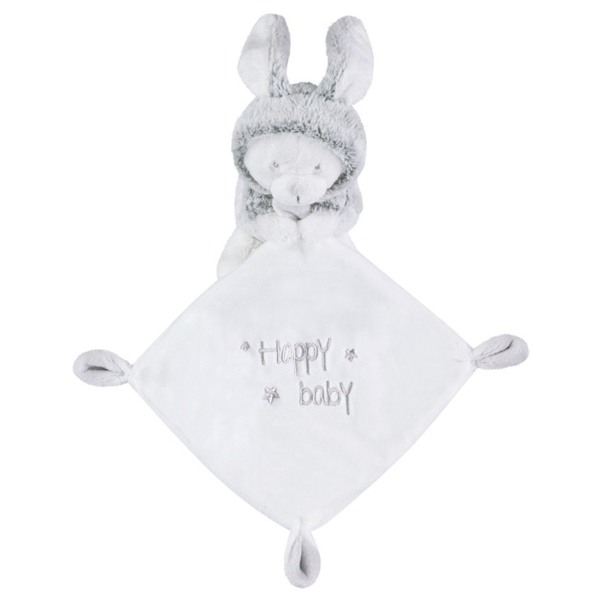 Doudou plat en velours avec peluche lapin - Gris/Vert