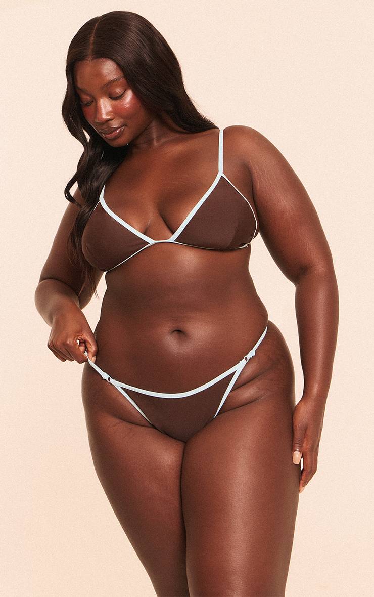 Chocolat Bas De Bikini Tanga À Liens Avec Bordure Contrastante Plus