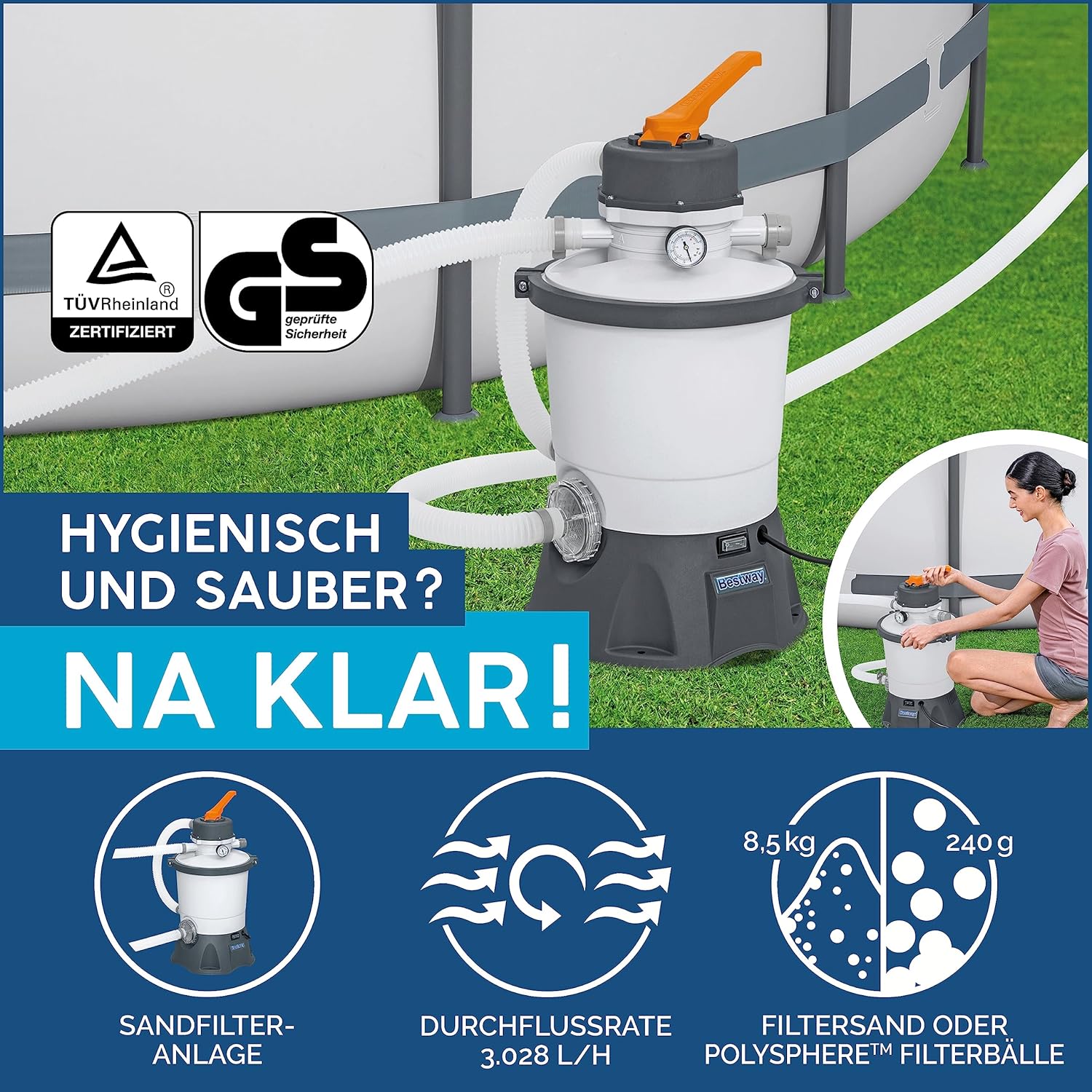 Bestway Hydrium Stahlwandpool Komplett-Set mit Sandfilteranlage Ø 300 x 120 cm, grau, rund
