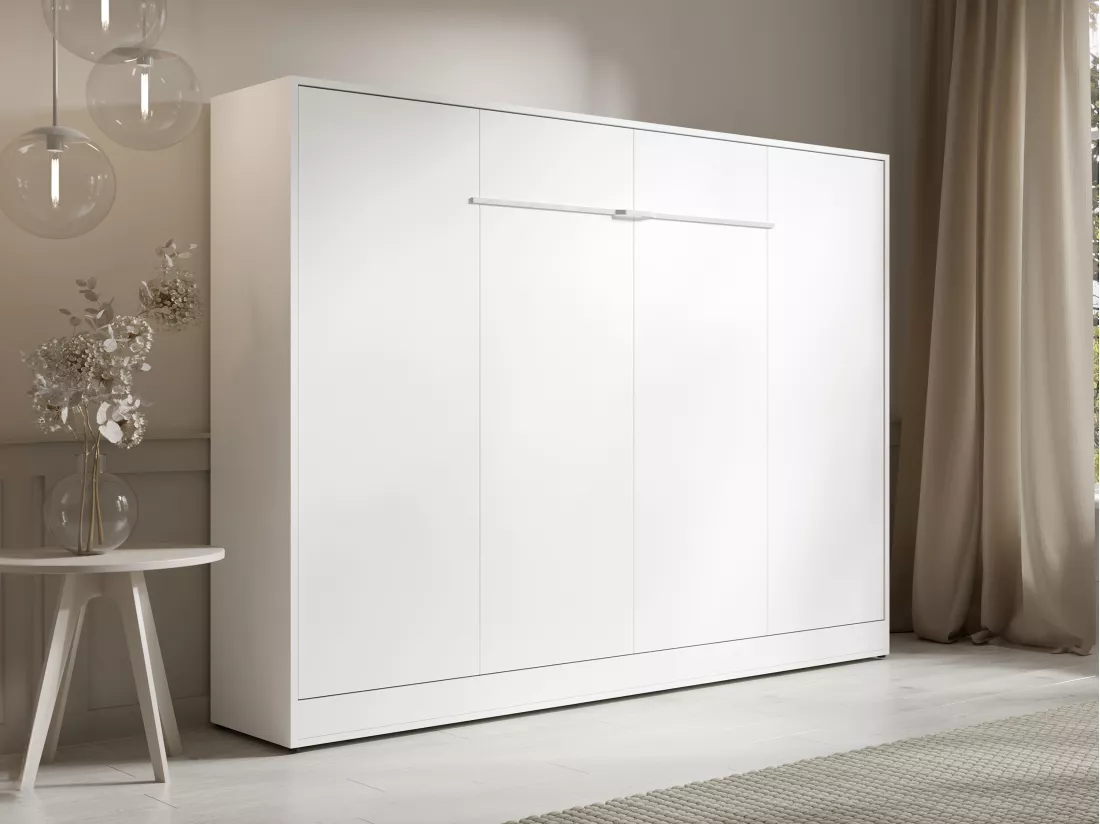 Lit escamotable 140 x 200 cm - Ouverture horizontale manuelle - Avec LEDs - Blanc - RAPILI