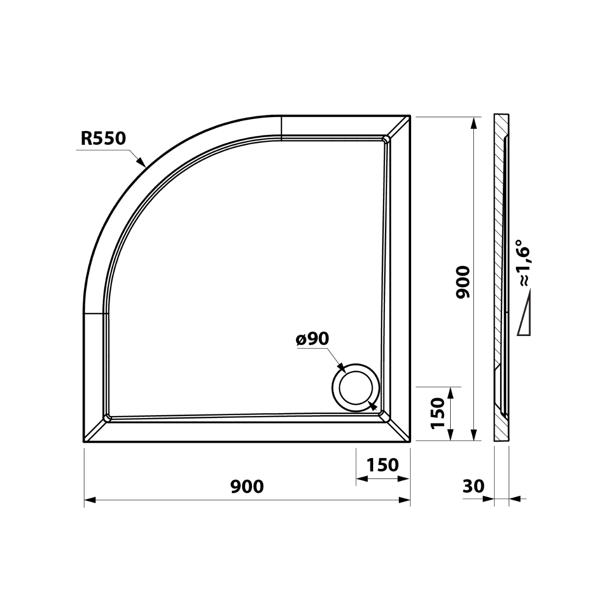 Sapho Else kwartronde douchebak gegoten marmer 90x90cm wit