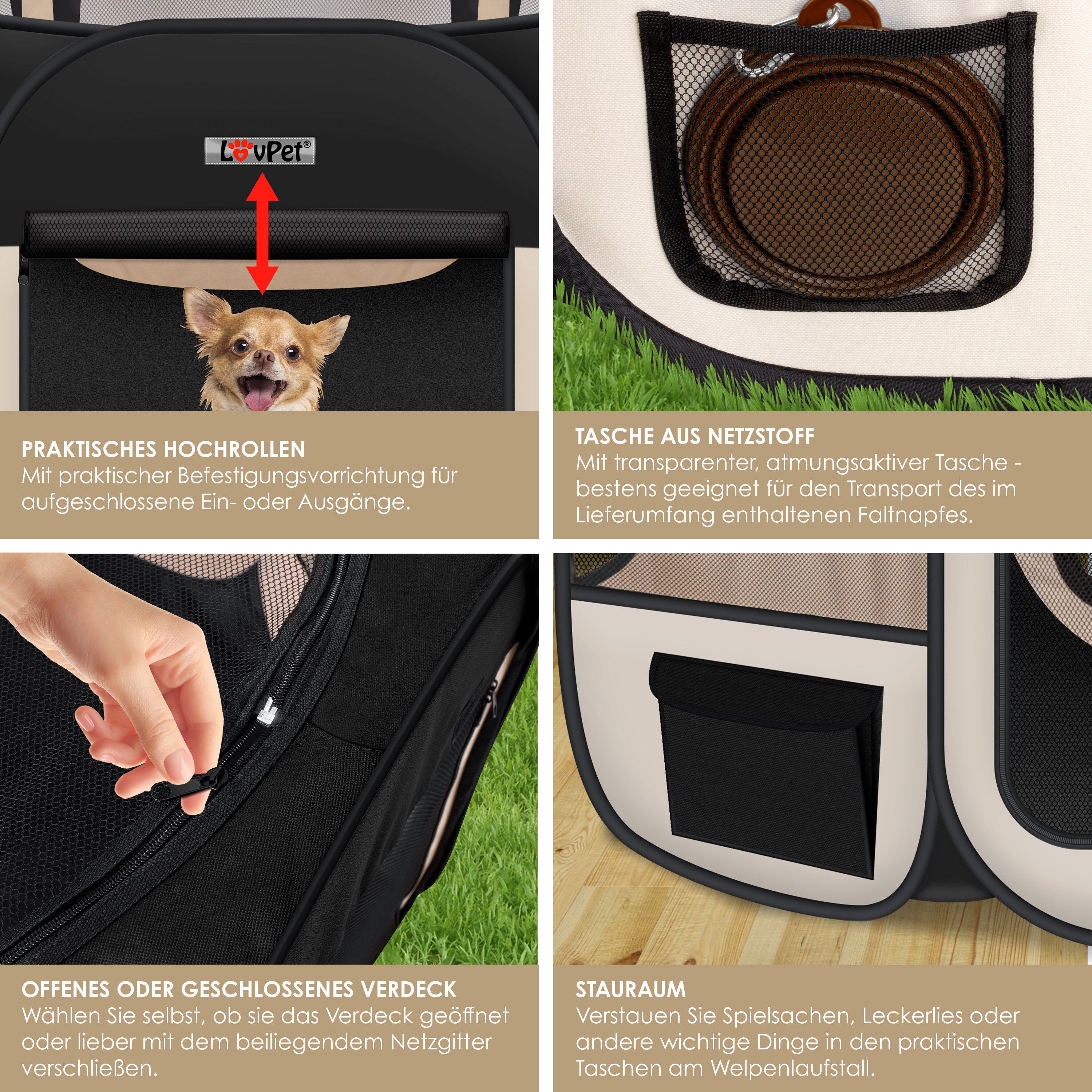 LOVPET® Welpenlaufstall Tierlaufstall Faltbar für Kleintiere Hunde, Katzen Inkl. Hundenapf Hundelaufstall Freigehege Oxfordgewebe Pop-up System Indoor & Outdoor