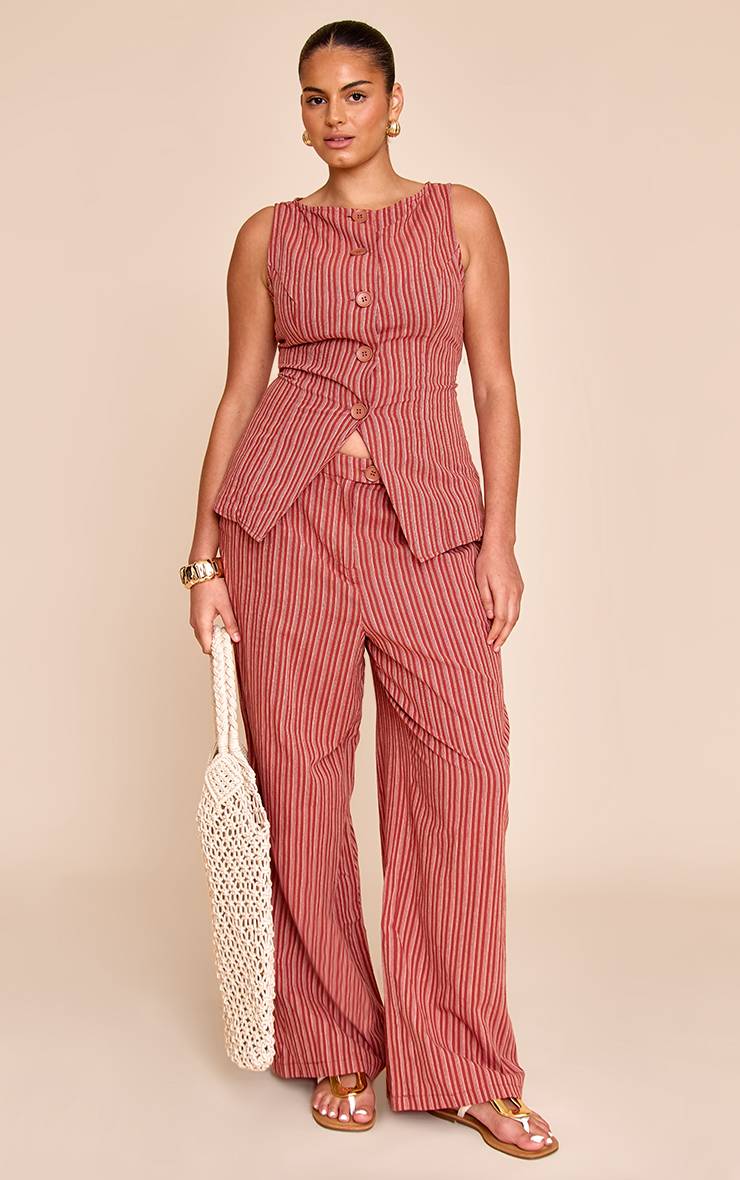 Rouge Gilet Grande Taille Rayé Aspect Lin Col Bateau Avec Boutons Ensemble Coordonné