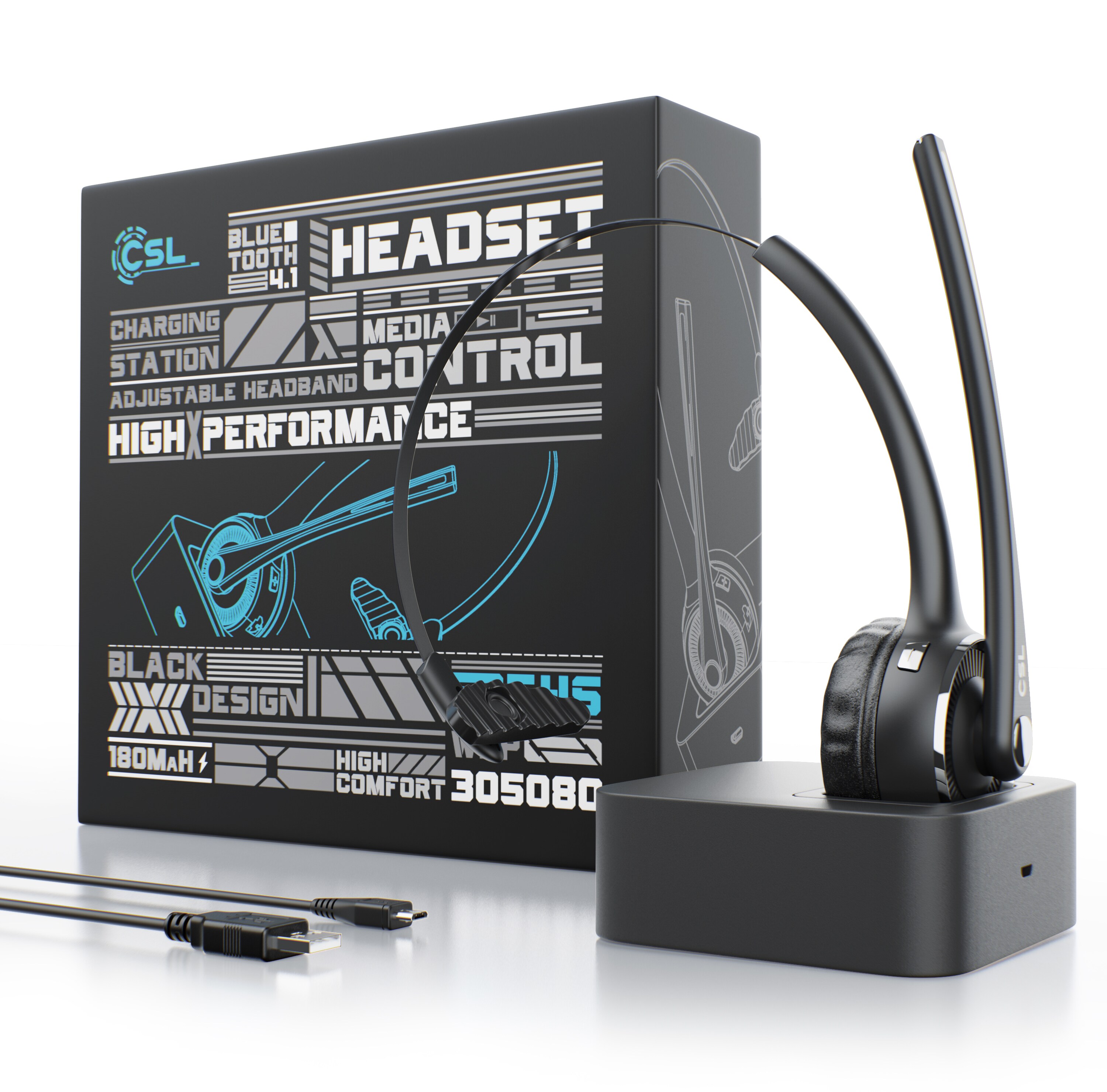 CSL Mono Bluetooth Headset mit Ladestation, Kopfhörer mit flexiblem Mikrofon, Multipoint, kabellos, leicht, freisprechen, Chat Callcenter Meeting