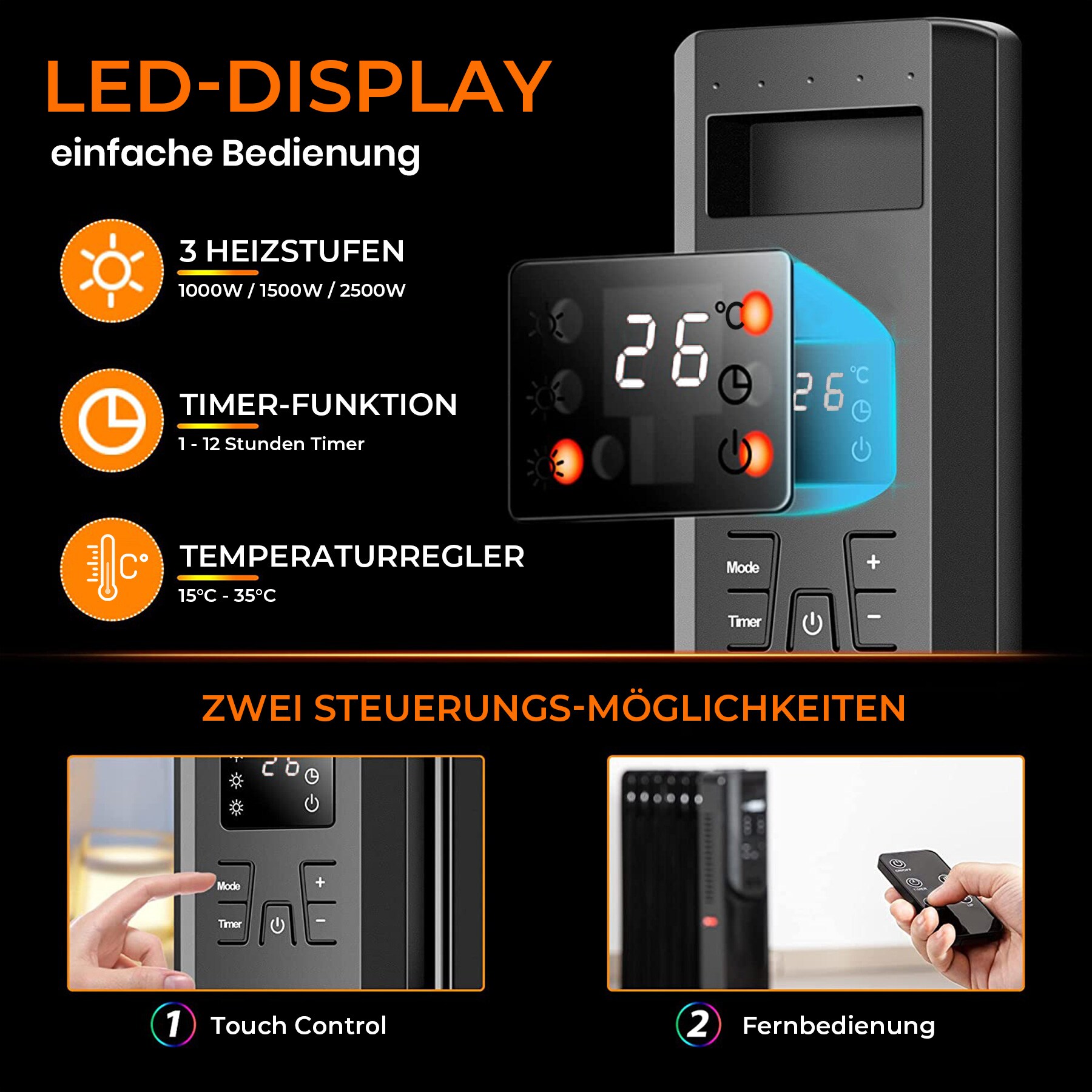 Ölradiator 2500W Elektro Heizkörper mit LCD-Display und Fernbedienung - Schwarz