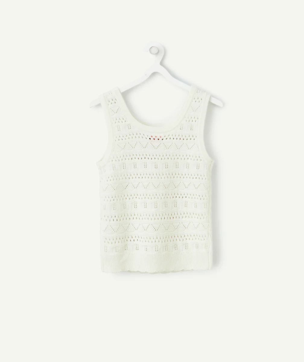 pull sans manches fille en tricot ajouré écru
