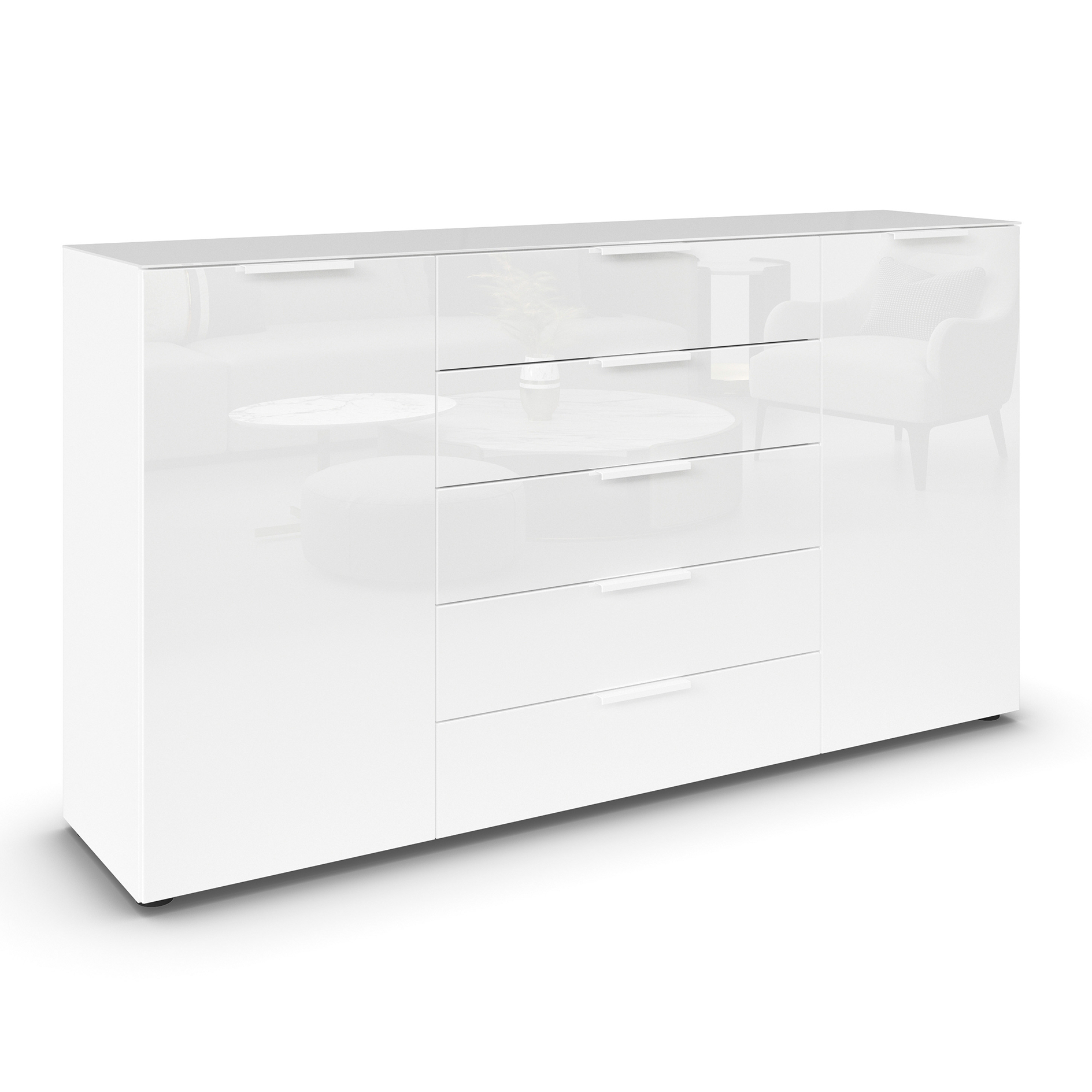 Kommode - alpinweiß-Kristallweißglas - weiße Griffe - 180 cm