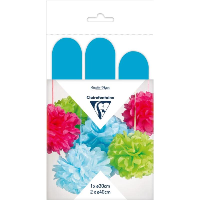 PAPIER DE SOIE, Set de 3 pompons à suspendre Ø30x1 et Ø40x2 - Bleu pétrole