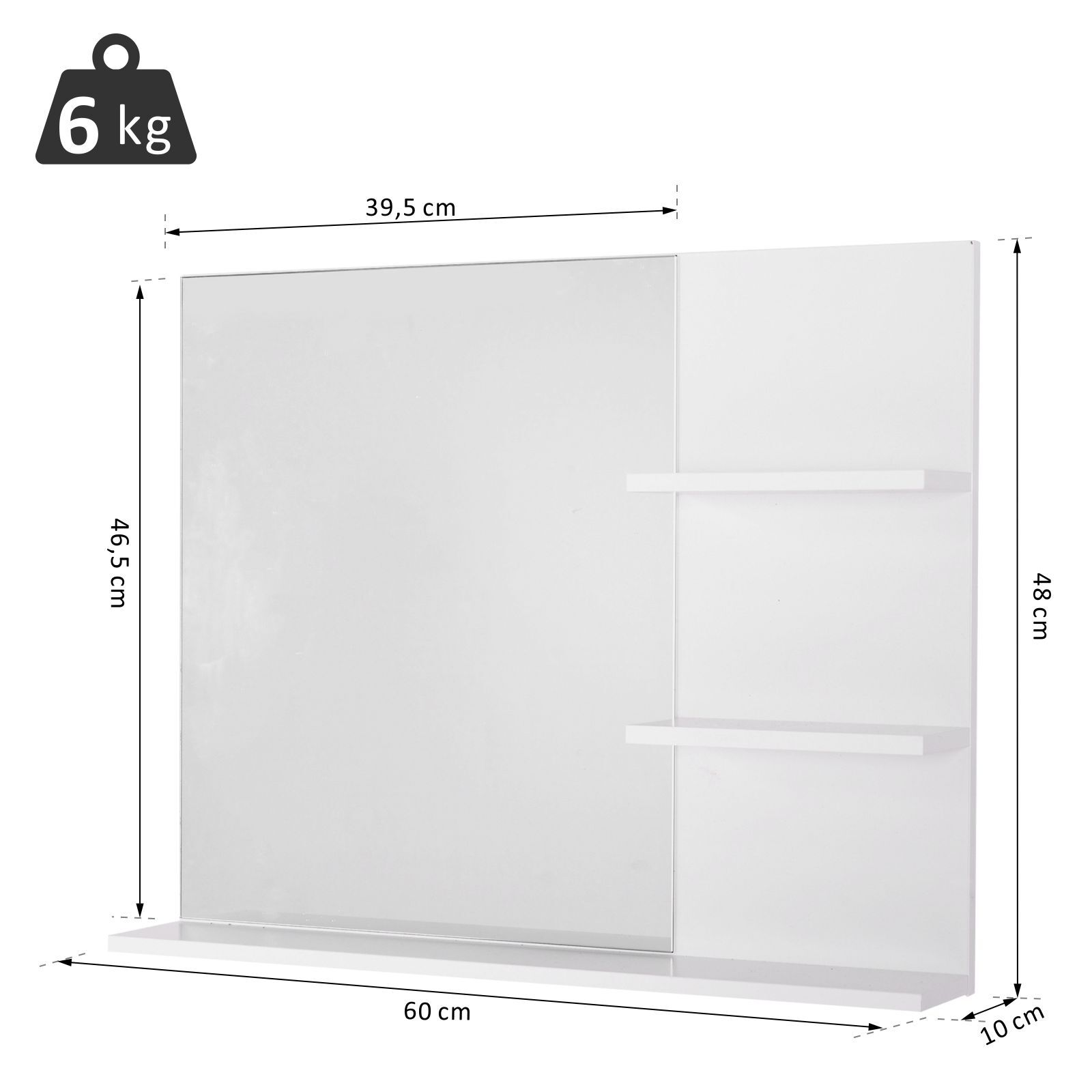 kleankin Badspiegel mit 3 Ablagen weiß 60 x 10 x 48 cm (BxTxH)