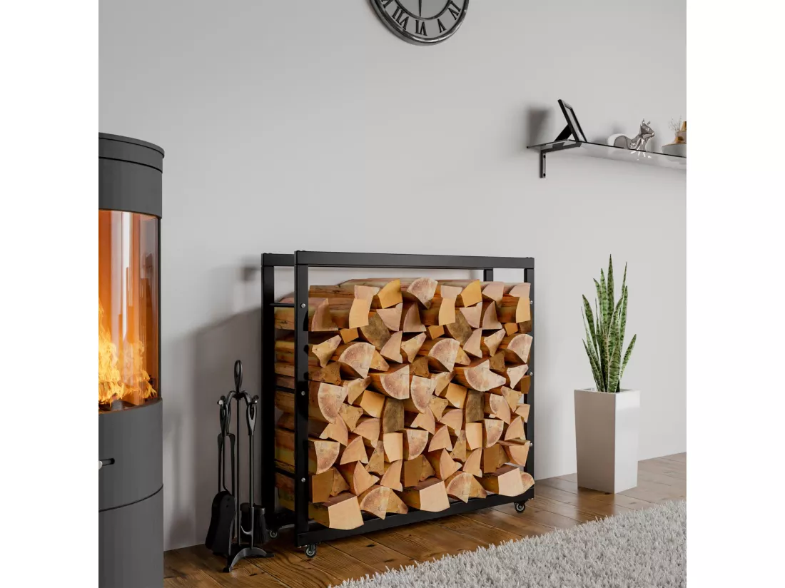 Etagère bois de cheminée - Métal - 25x100x80 cm - Noir - Keri