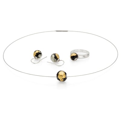 Fingerring Muranoglasperle, Gelb-Weiß-Schwarz, 53 (16,9 mm)