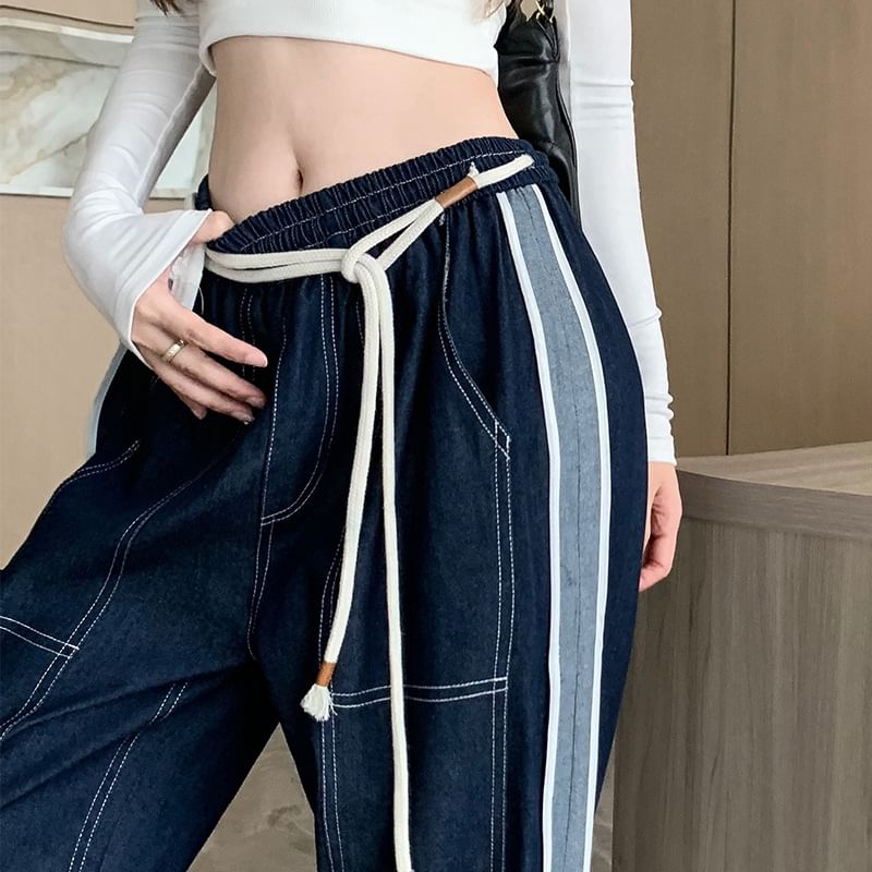 wingsira - High Rise Contrast Trim Wide Leg Jeans