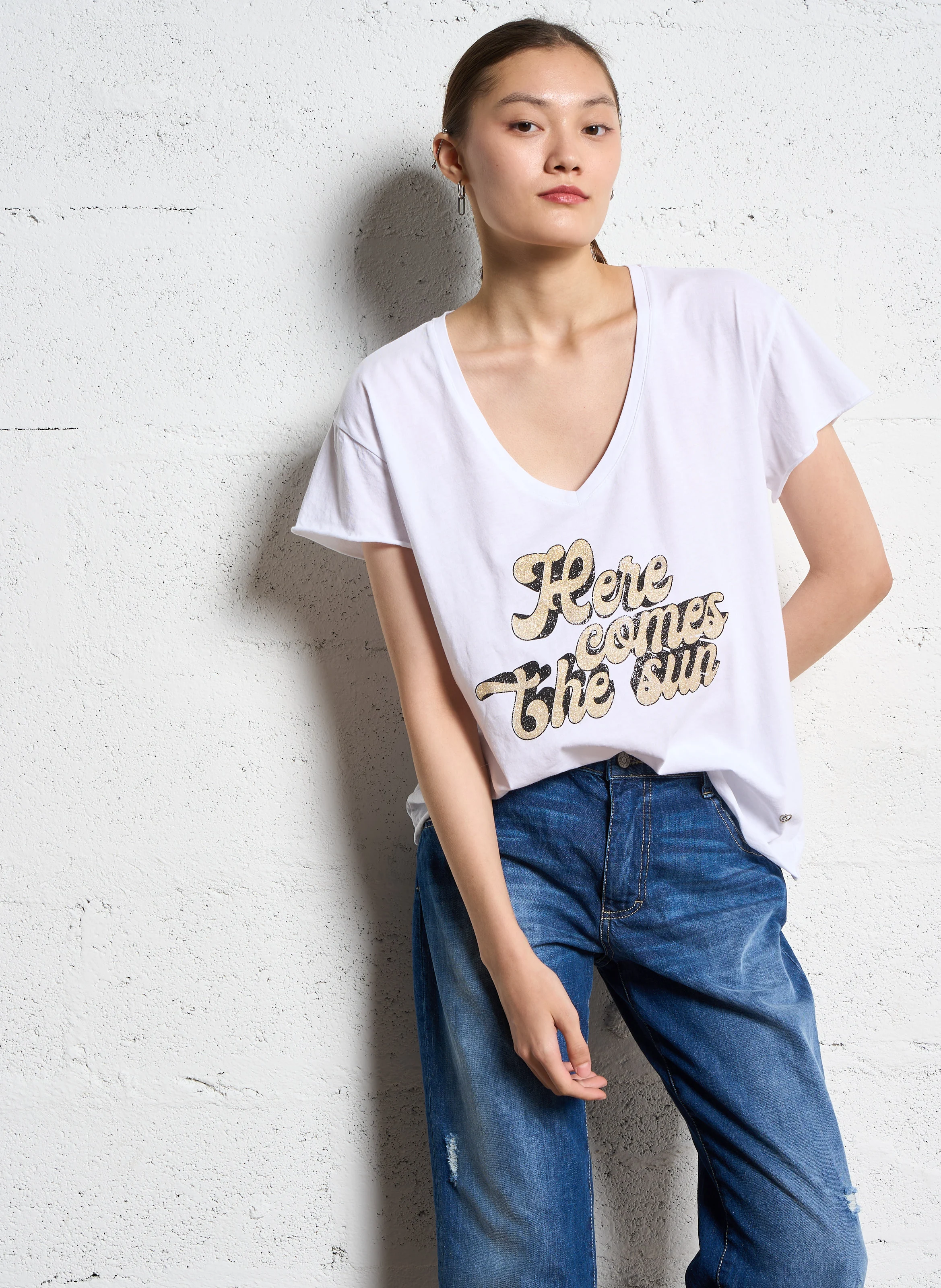 Tee-shirt droit col V sérigraphié en coton | Blanc