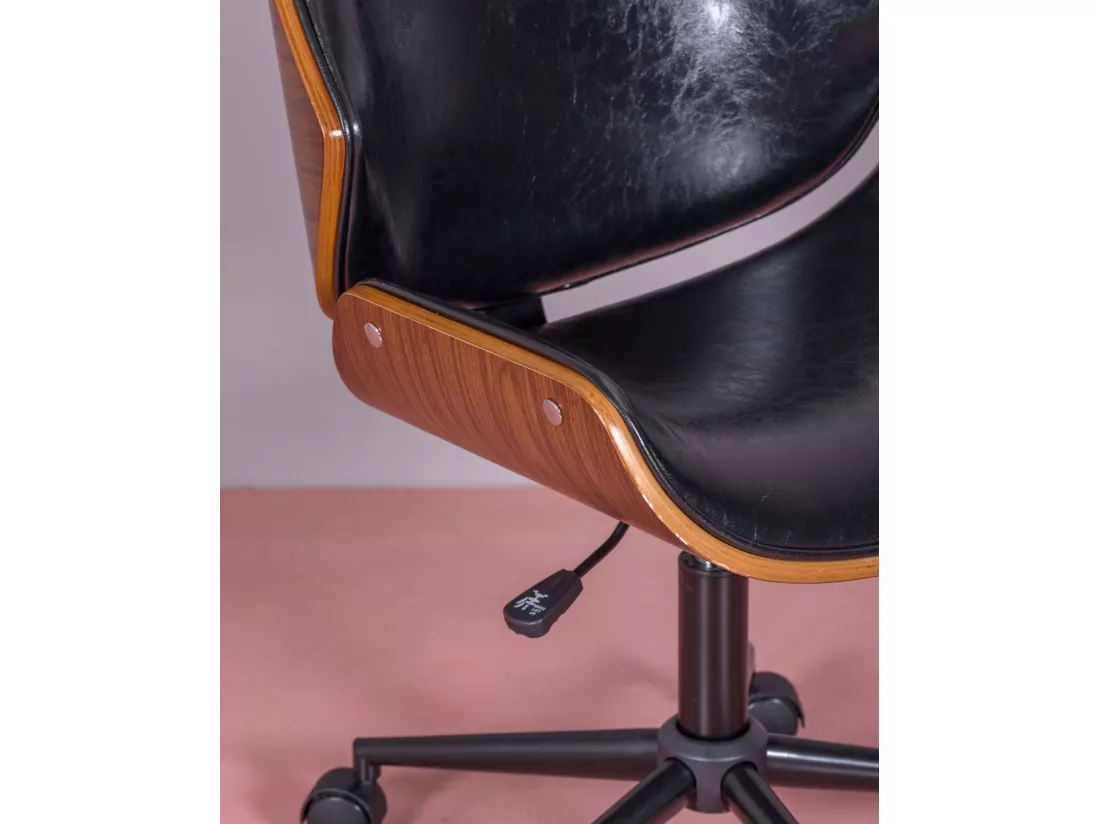 Chaise de bureau rétro en bois de noyer et cuir synthétique - Nordic - Noir