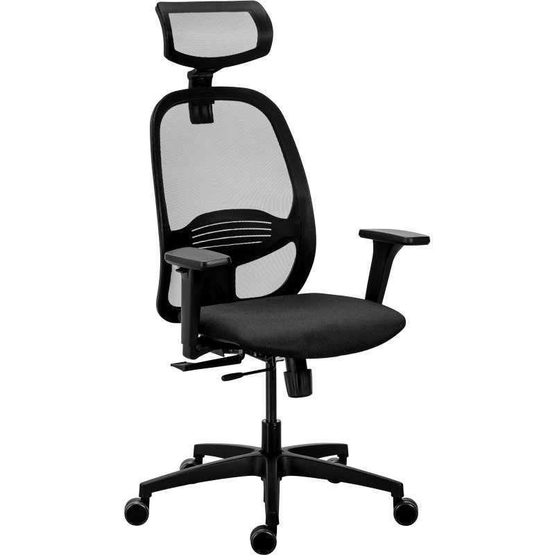 Chaise de bureau ergonomique NODI Noir, tissu et maille, avec accoudoirs 3D et appui-tête, mécanisme synchrone + réglage profondeur d'assise, pieds noirs