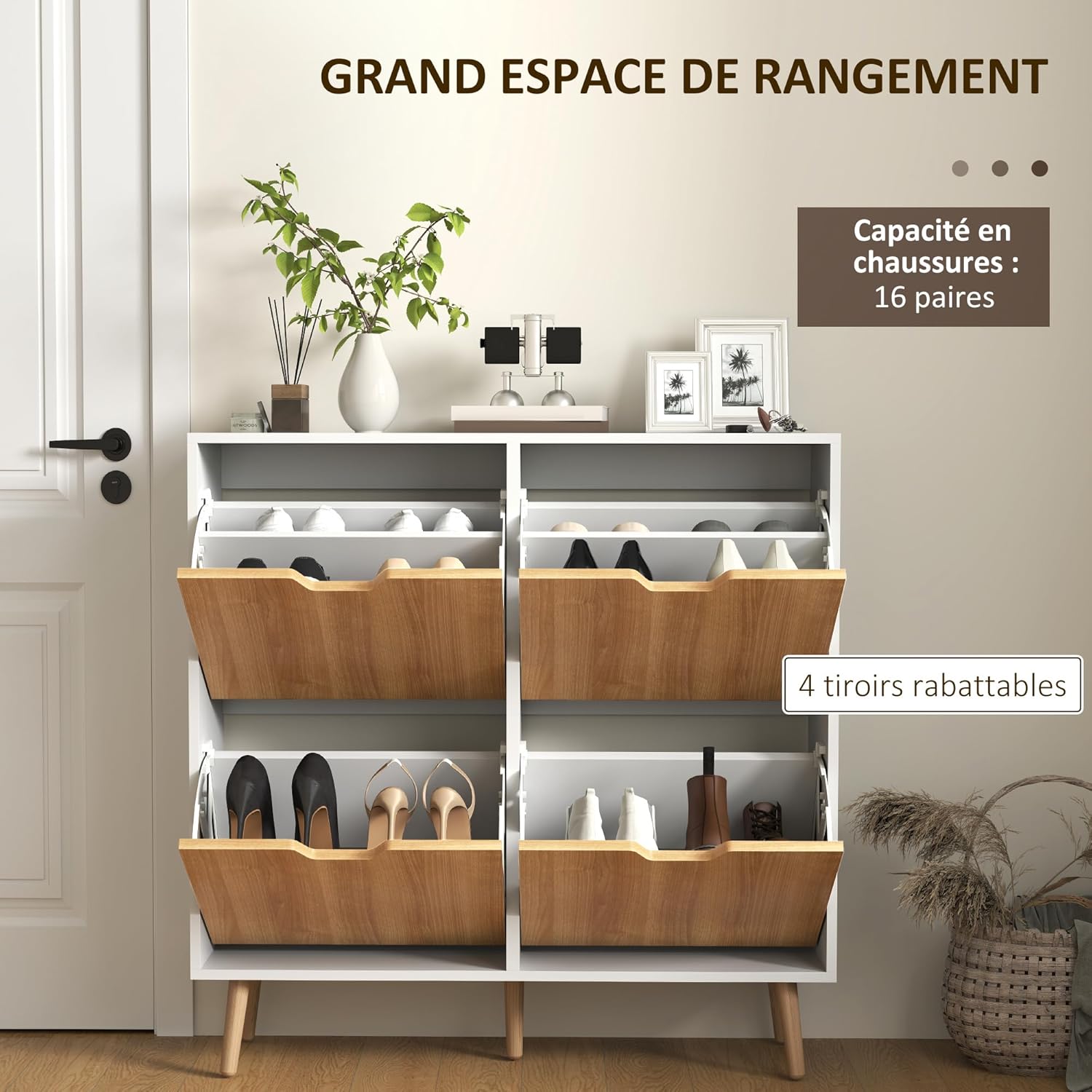HOMCOM Meuble à Chaussures 4 abattants, Armoire à Chaussures 16 Paires, avec étagère réglable, Pieds en Bois, Rangement Chaussure, Grande capacité pour Couloir, entrée, 95 x 26 x 95 cm, Blanc EV3077500