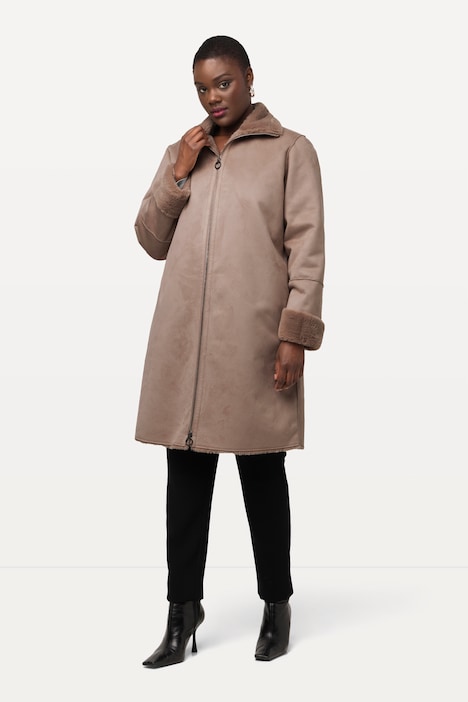 Shearling-Mantel, Pelzoptik, Stehkragen, 2-Wege-Zipper
