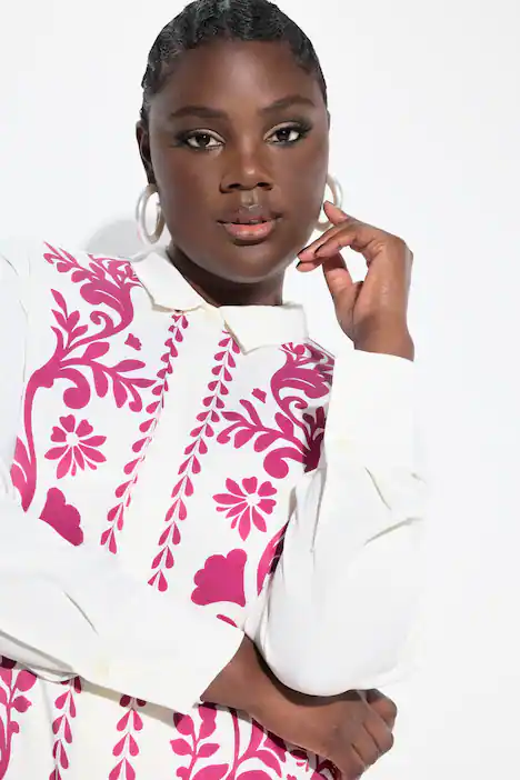 Satinbluse, florales Design, Hemdkragen, Langarm, magenta