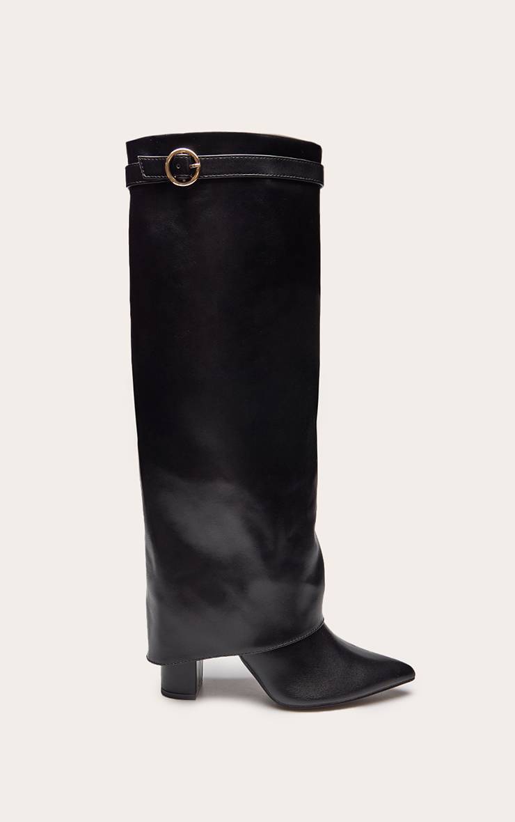 Noir Botte À Talon Bloc En Synthétiquecuir Avec Revers Et Boucle