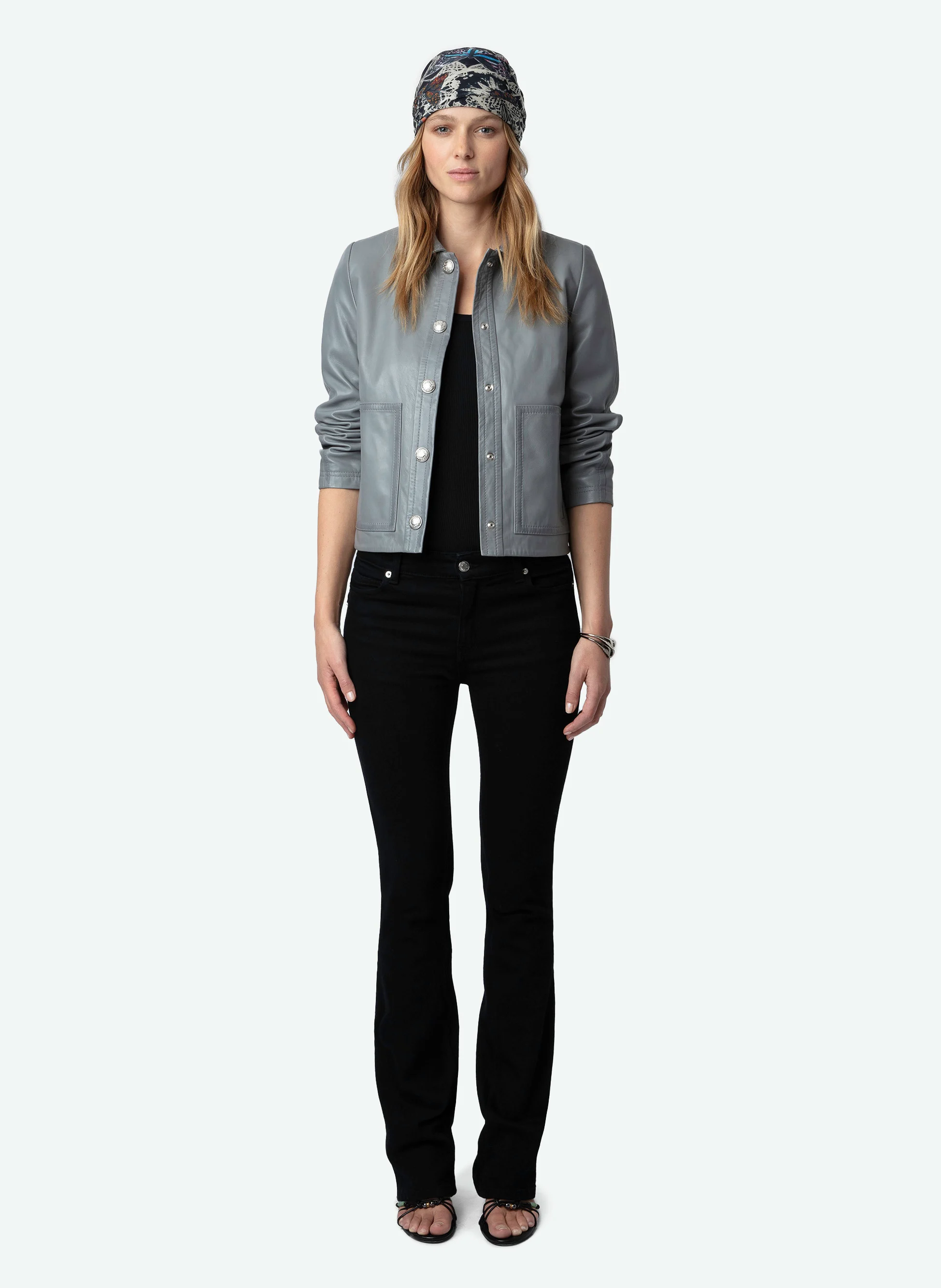 LITCHI - Veste courte en cuir lisse | Gris