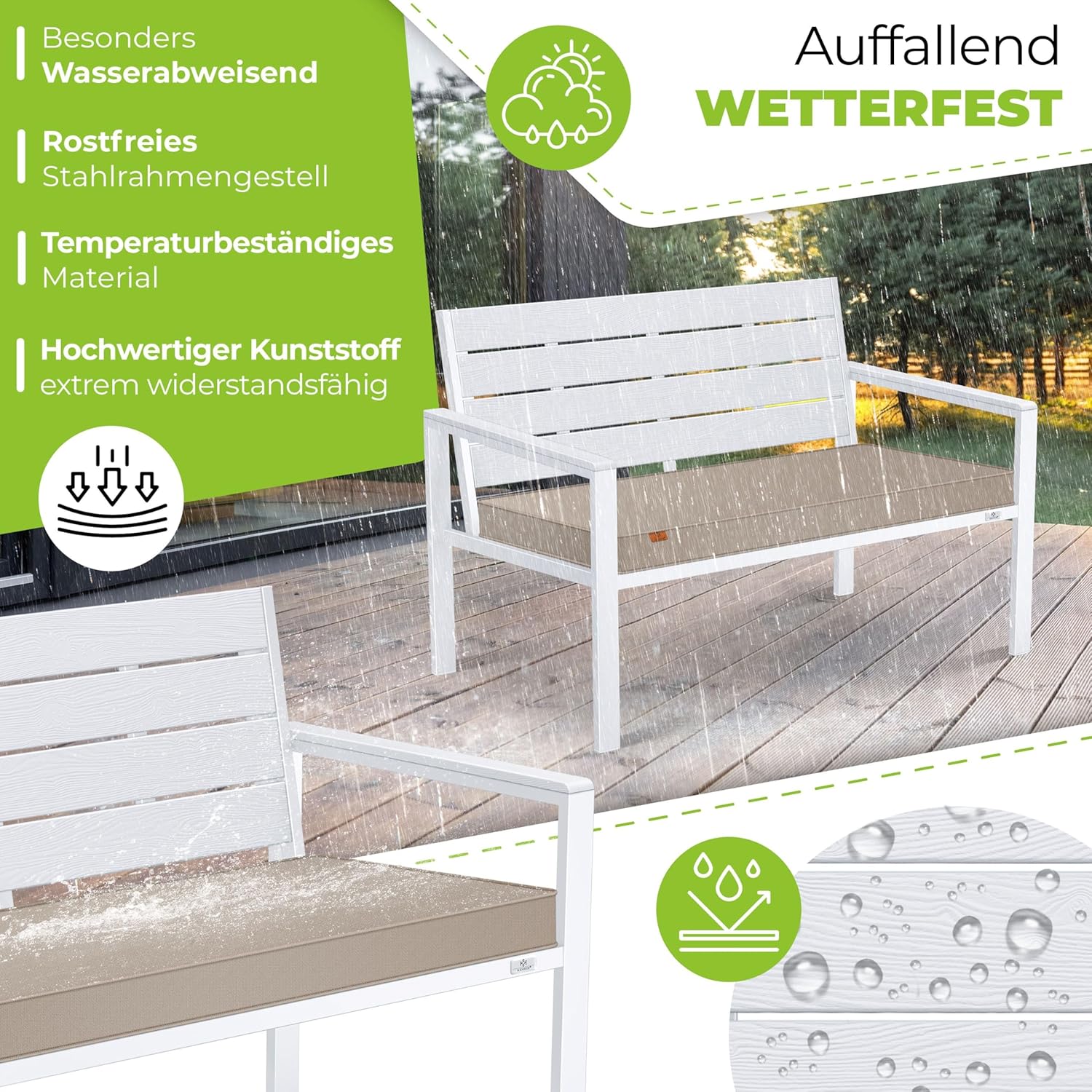 KESSER® Gartenbank mit Kissen – Sitzbank Wetterfest 2-Sitzer Parkbank in Holzoptik Balkonbank für Garten Terrasse Balkon bis 300 kg belastbar UV-beständig inkl. abnehmbarem & waschbarem Polsterbezug