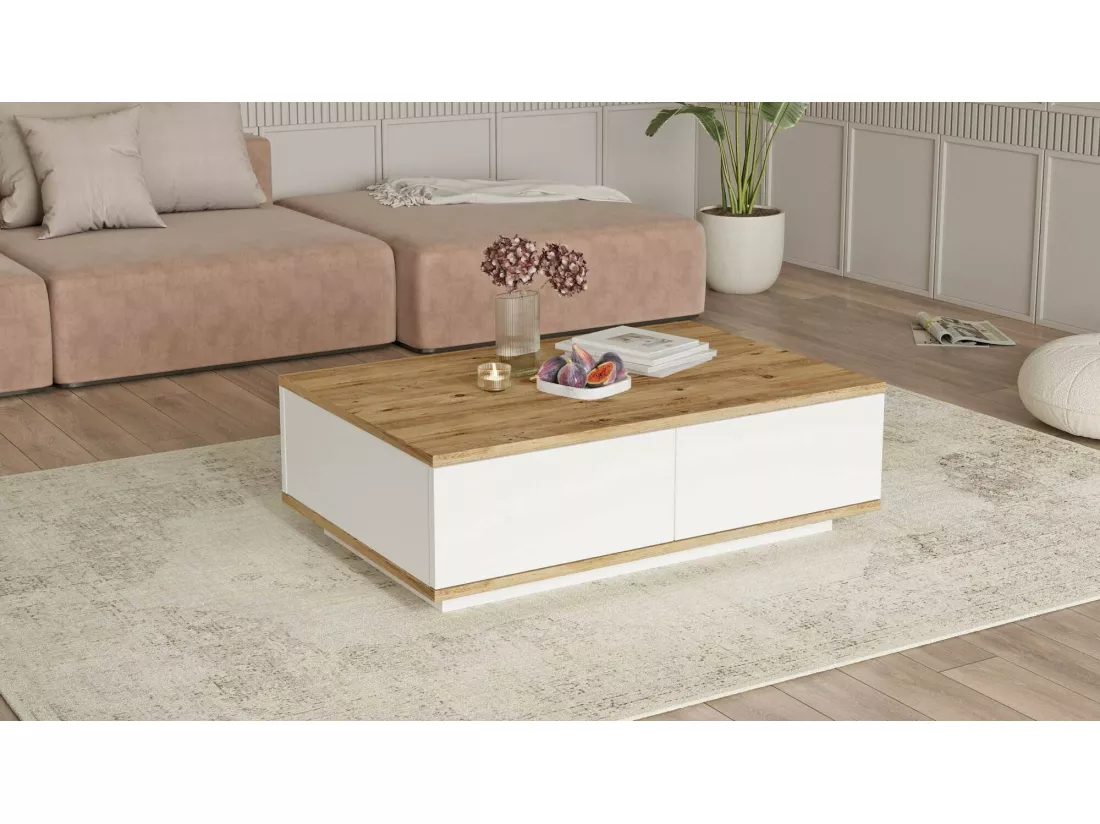Table basse Marfik, Table basse, Porte-revues pour canapé, Etagère de salon, 90x60h29 cm, Chêne et Blanc
