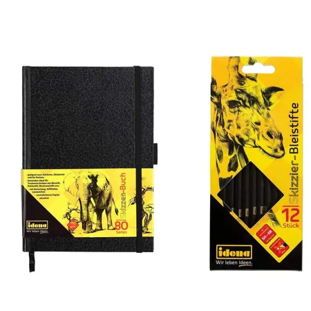 Idena Zeichen-Set Skizzen Buch DIN A5 + 12 Skizzier-Bleistifte