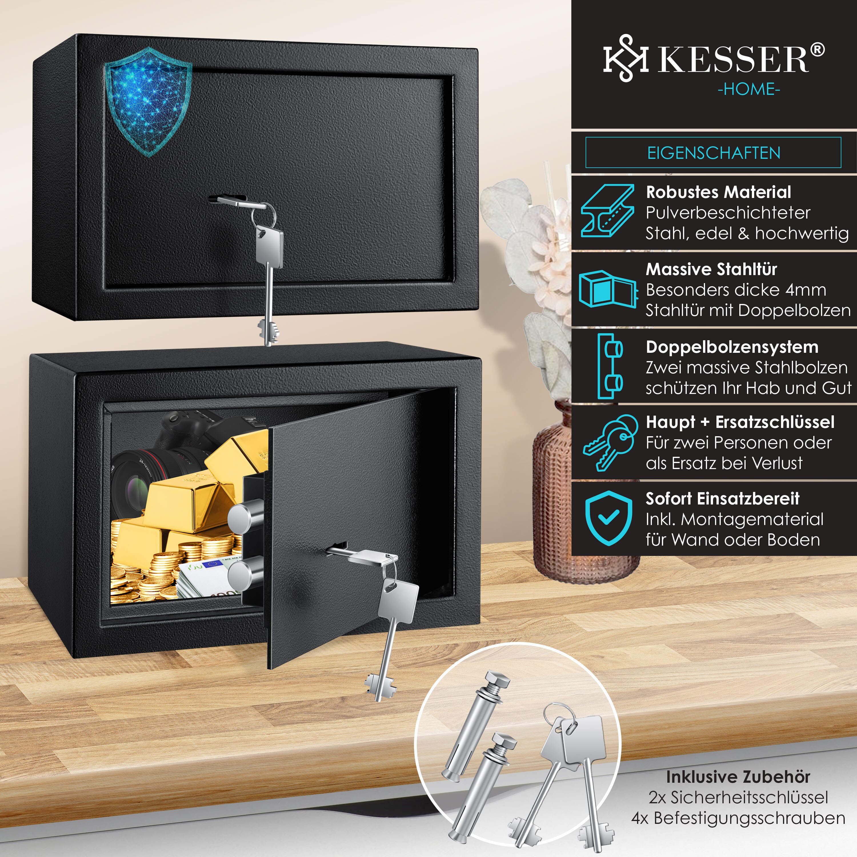 KESSER® Möbeltresor mit Doppelbartschloss, Safe Tresor Geldschrank Boden-Wandtresor Wandsafe 30x20x20cm ink. 2 x Schlüssel & Befestigungsschraube