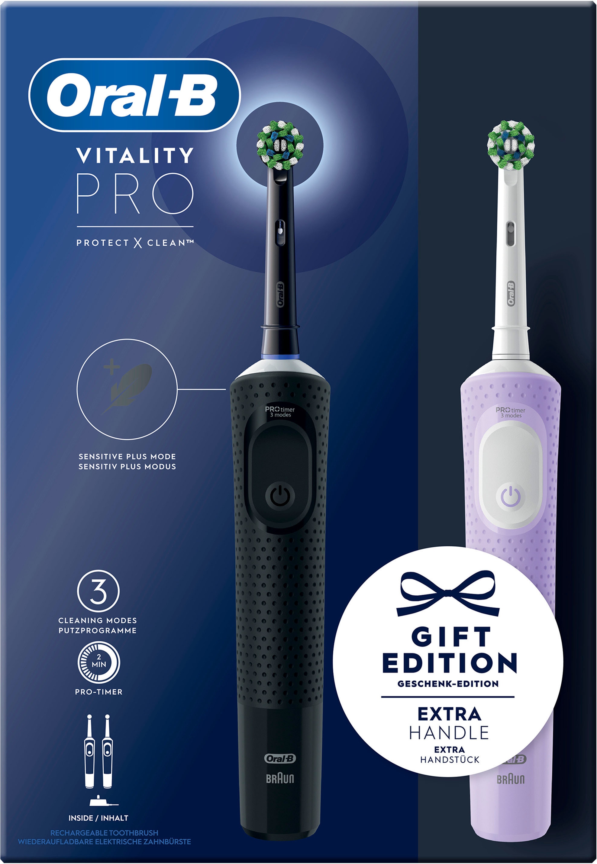Oral-B Elektrische Zahnbürste »Vitality Pro« 2 Stk. Aufsteckbürsten 3 Putzmodi, Doppelpack