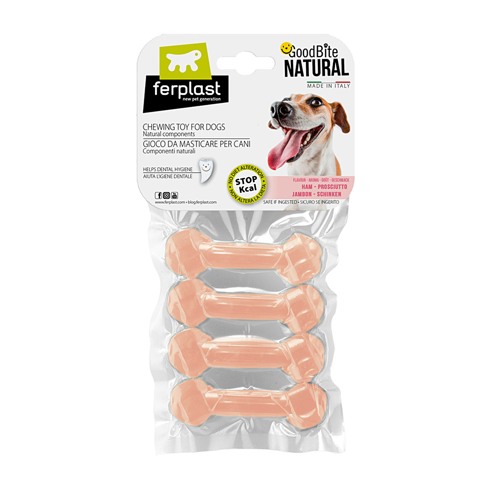 Ferplast goodbite natural xs jouet os pour l'hygiène dentaire, saveur de jambon, chien petit (3-5 kg), naturel, 4 pièces de 15g