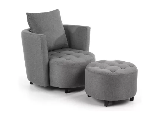 Fauteuil et pouf en tissu gris avec pieds en bois massif NOVA