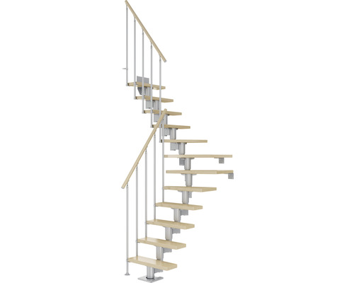 Pertura Spiros middentrap, parelgrijs, kwartslag, links/rechts onder, balustrade van 65 cm, gelamineerd esdoornhout, gelakt, 11 treden / 12 stootborden