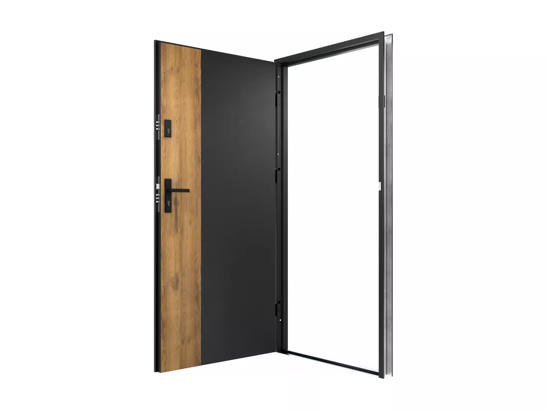 Porte d'entrée pleine en acier H207 x L100 cm - Noir et effet chêne - poussant droit - MABENA