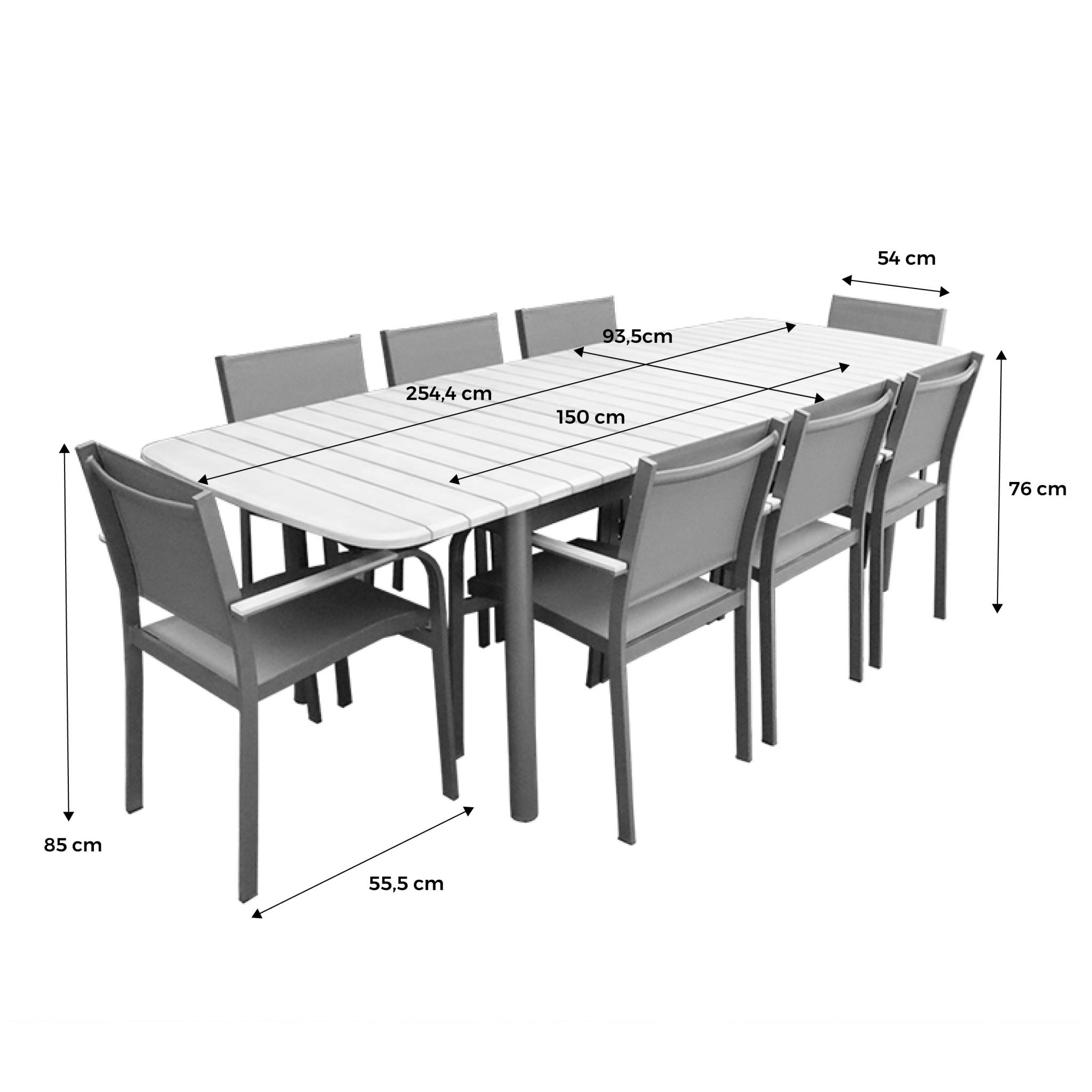 Set complet table de jardin papillon samana 190/254.4 x 93.5 x 76cm + 8 fauteuils couleurs bois clair anthracite. Bois d'eucalyptus