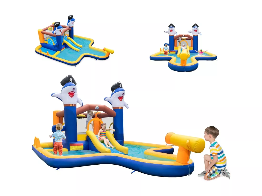 7 en 1 Château Gonflable en Forme Requin avec Toboggan & Jeu de Boxe, Aire de Jeux Gonflable avec Maison de Saut & Piscine, Charge 90kg pour 2 Enfants de 3-10 Ans, 578 x 408 x 250 CM