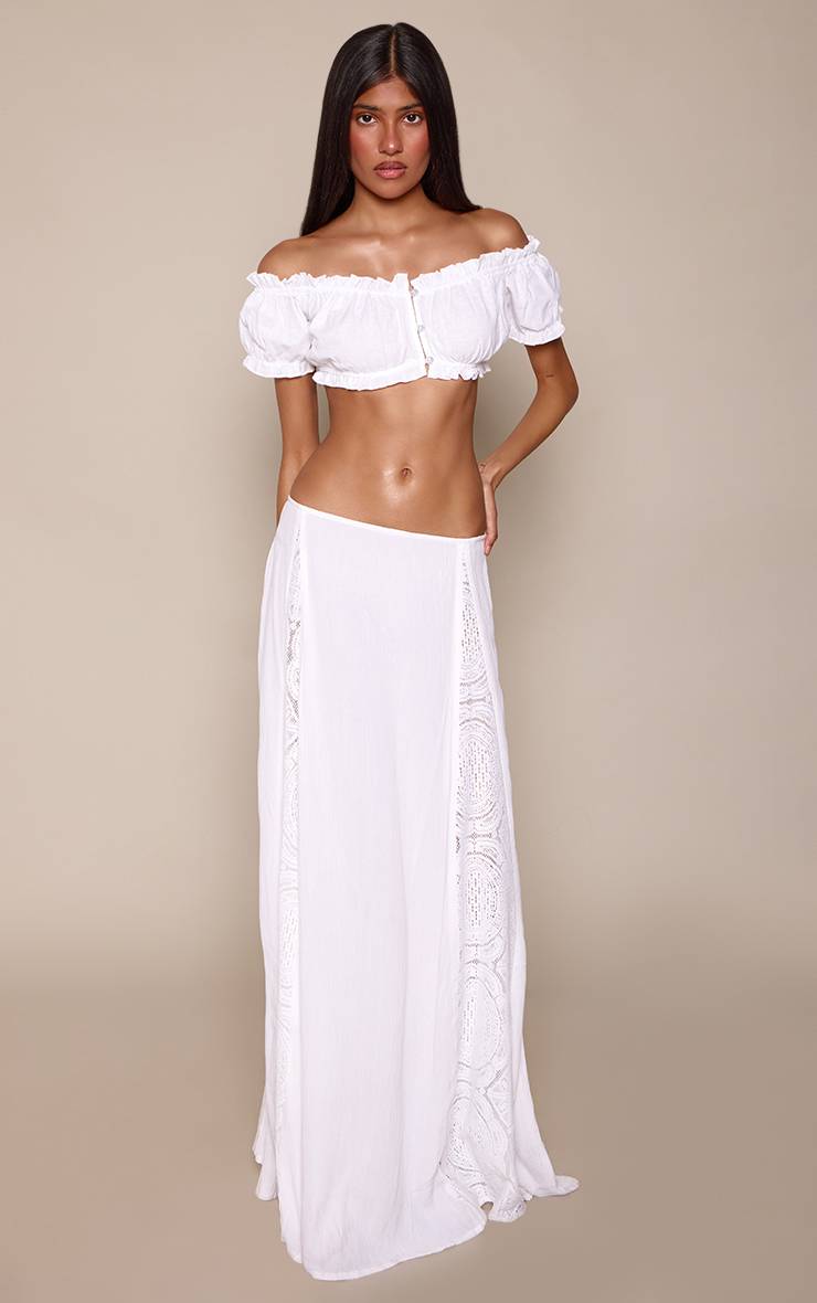 Blanc Jupe Maxi En Étamine De Coton Avec Panneaux Broderie