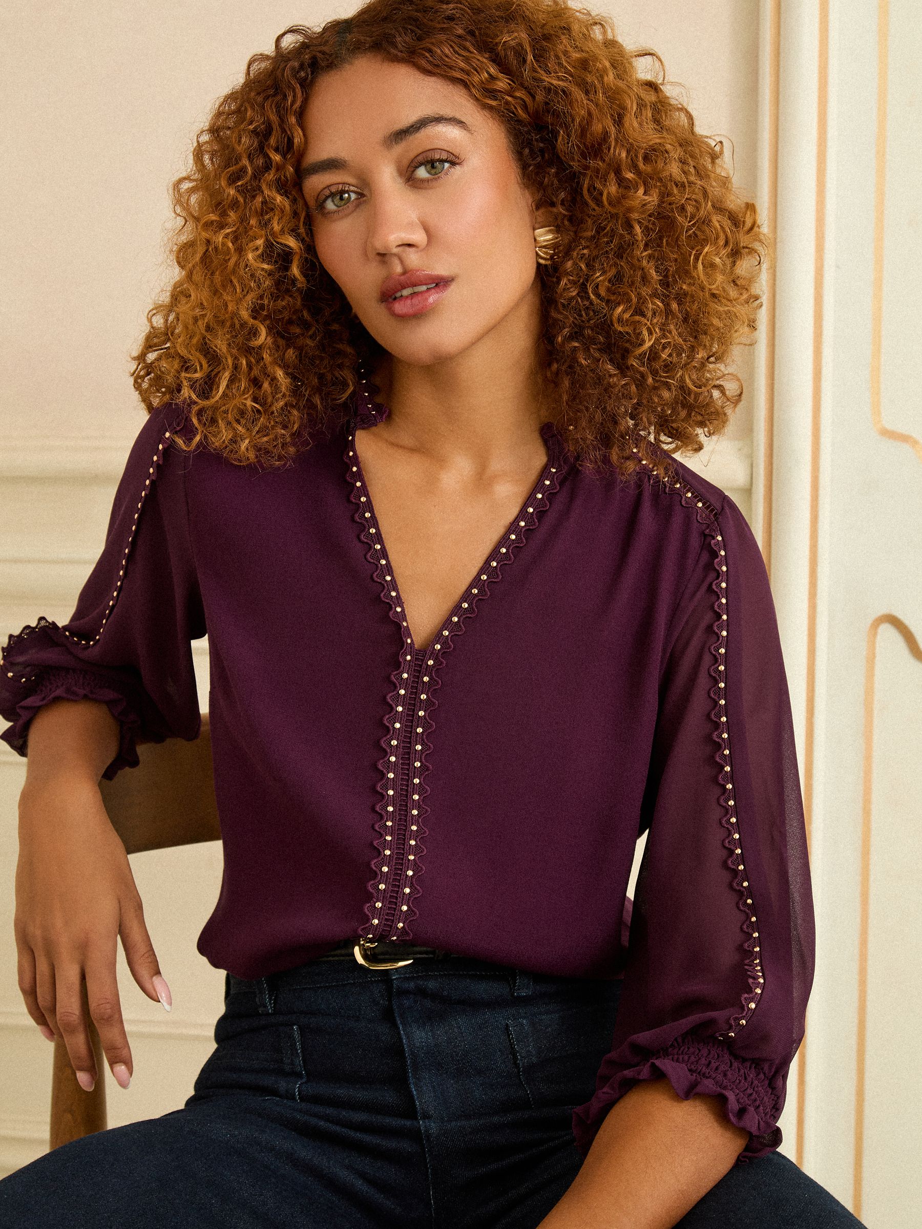 Paars - Love & Roses blouse met V-hals en hardware met 3/4 mouwen