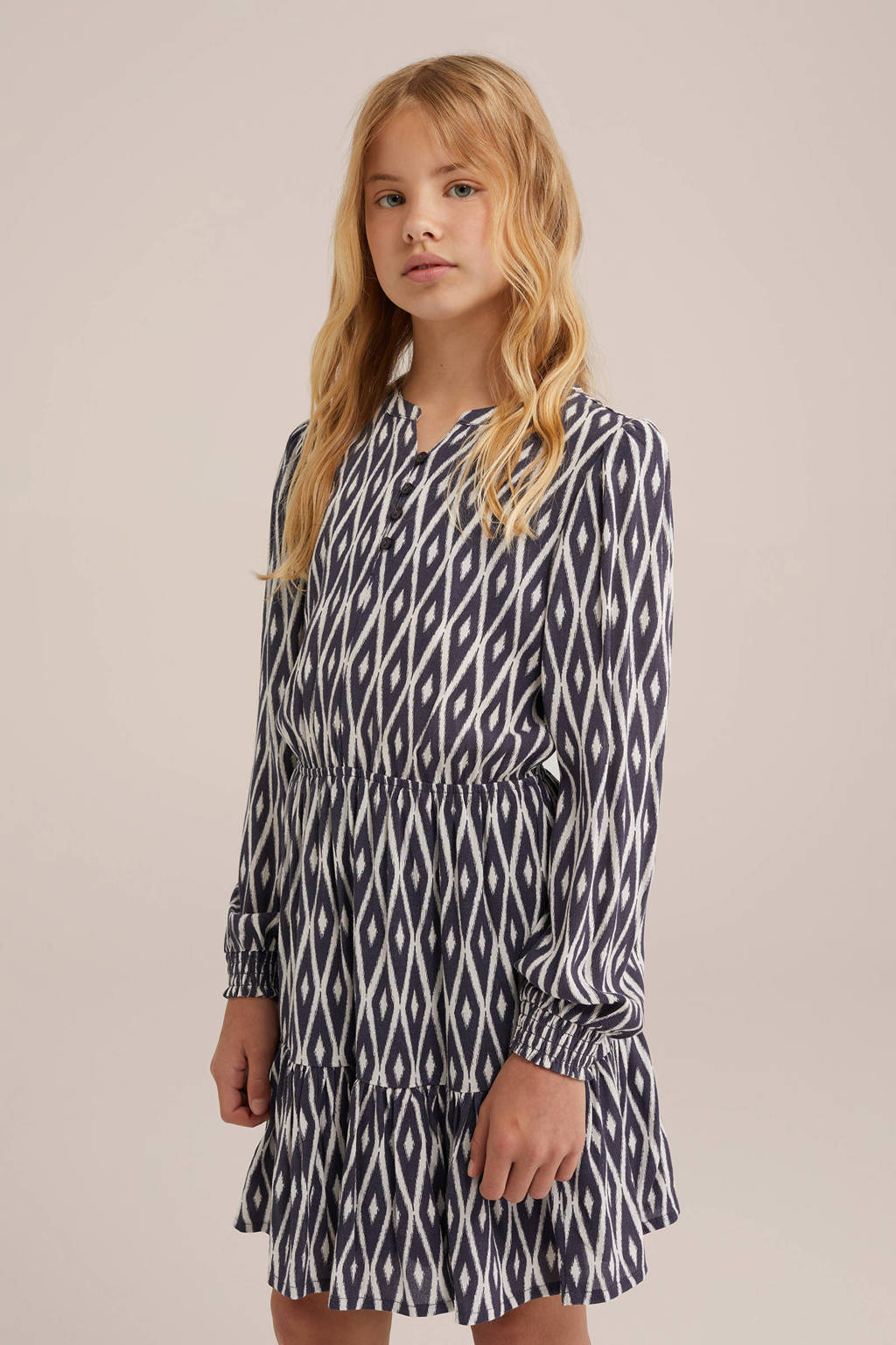 WE Fashion A-lijn jurk met all over print en volant zwart/wit